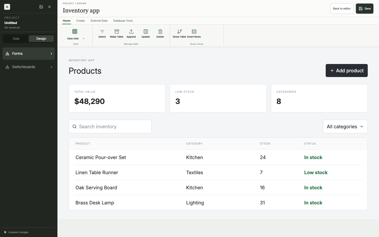 The generated runtime preview for the inventory app