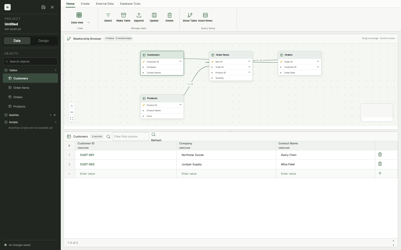 An ixtable project open in Data view