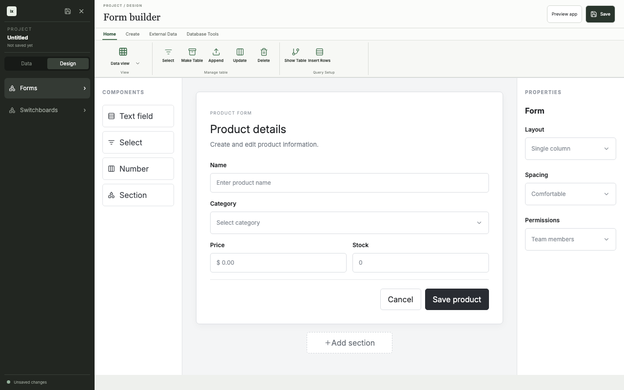 The form builder prototype in Design view
